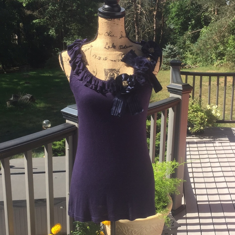 Filtre Blue Top Ruffle Neck Flower Detail Small